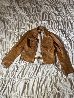 Cognac Leather Moto Jacket with Utility Pockets